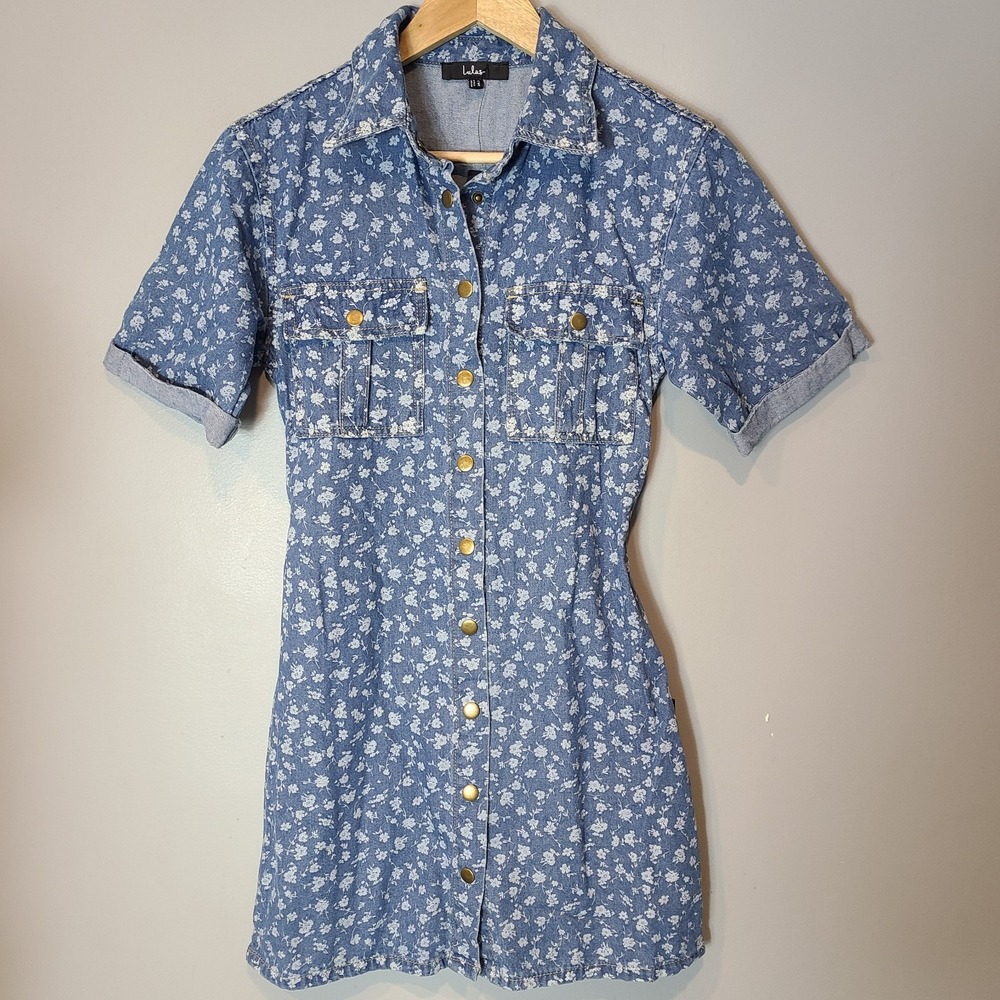 Lulus Women Size XS Blue Denim Ditsy Floral Button Up Collared Shirt Dress